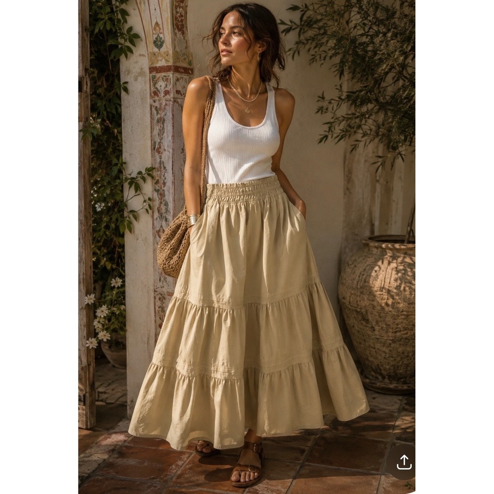 NWT Anthropologie Anni Tiered Maxi Skirt Khaki Tan Cotton Boho Prairie Size S